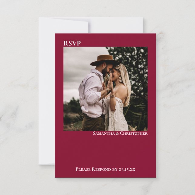 Cranberry Red Simple Minimalist Photo Wedding RSVP Card (Front)