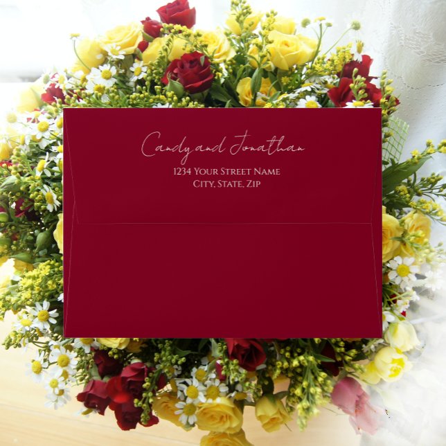 Cranberry Red Simple Style Modern Script Wedding Envelope (In Situ Flowers)
