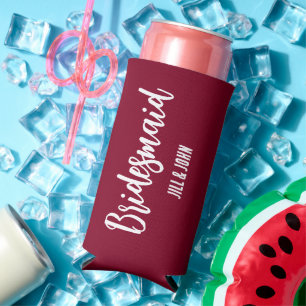 Cranberry Red Stylised Wedding Bridesmaid Seltzer Can Cooler