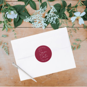 Cranberry Red Stylised Wedding Save the Date Classic Round Sticker