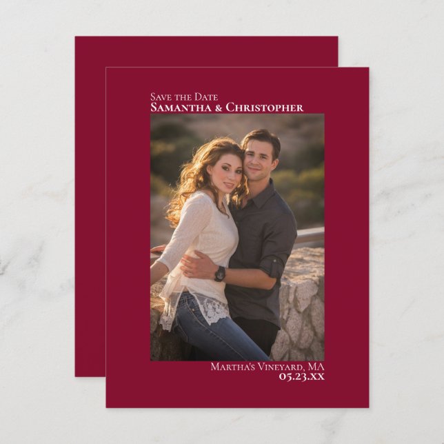 Cranberry Red Vertical Photo Minimalist Wedding Save The Date (Front/Back)