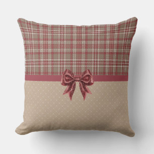 Cranberry Red, White and Tan Plaid Cushion