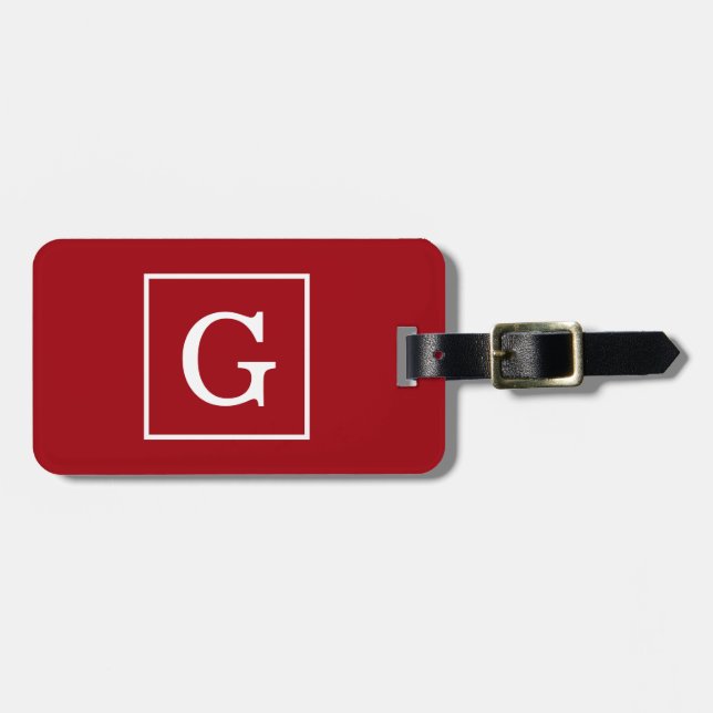Cranberry Red White Framed Initial Monogram Luggage Tag (Front Horizontal)