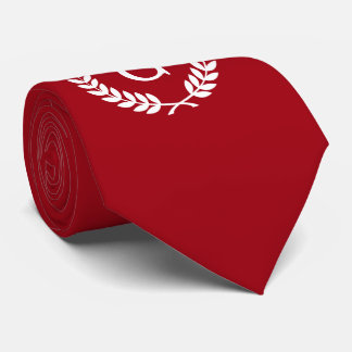Cranberry Red White Laurel Wreath Initial Monogram Tie