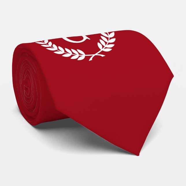 Cranberry Red White Laurel Wreath Initial Monogram Tie (Rolled)