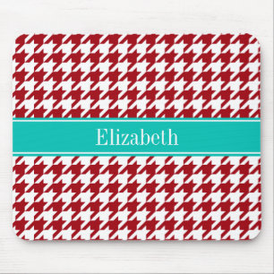 Cranberry Red Wht Houndstooth Teal Name Monogram Mouse Mat