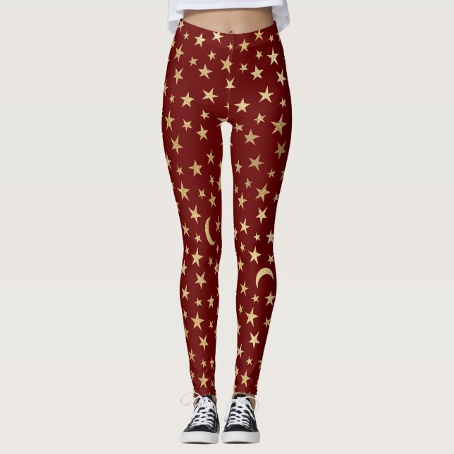 Cranberry Red With Gold Foil Stars and Moons   Leggings (Front)