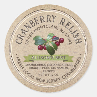 CRANBERRY RELISH Grunge Font Kraft Brown Classic Round Sticker