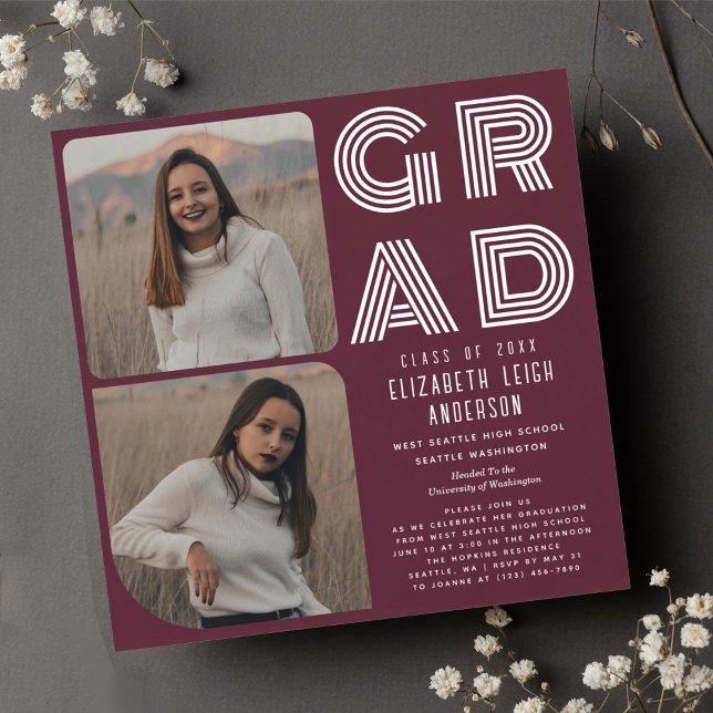 Cranberry Retro Photo Graduation Party Invitation (Creator Uploaded)