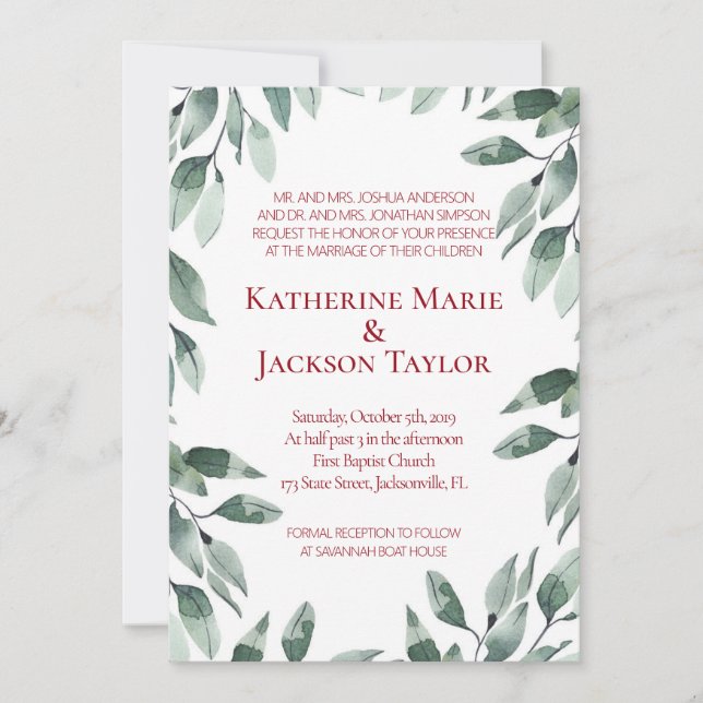Cranberry & Sage Greenery Wedding Invitation (Front)