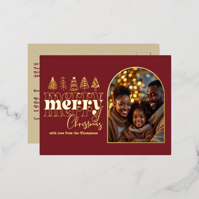 Cranberry Velvet & Antique Gold Christmas Photo Foil Holiday Postcard (Front/Back)