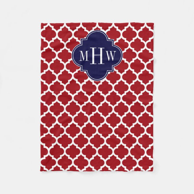 Cranberry Wht Moroccan #5 Navy 3 Initial Monogram Fleece Blanket (Front)