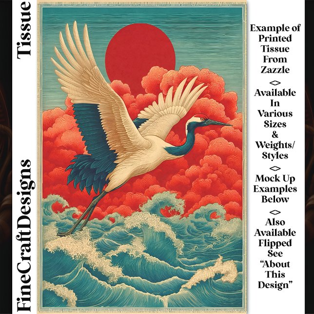Crane Above Waves Beneath Red Sun DQ9R Decoupage Tissue Paper (Creator Uploaded)