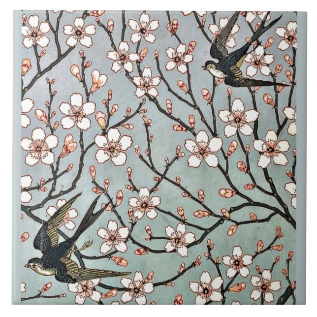 Crane - Almond Blossoms and Swallows Tile (Front)