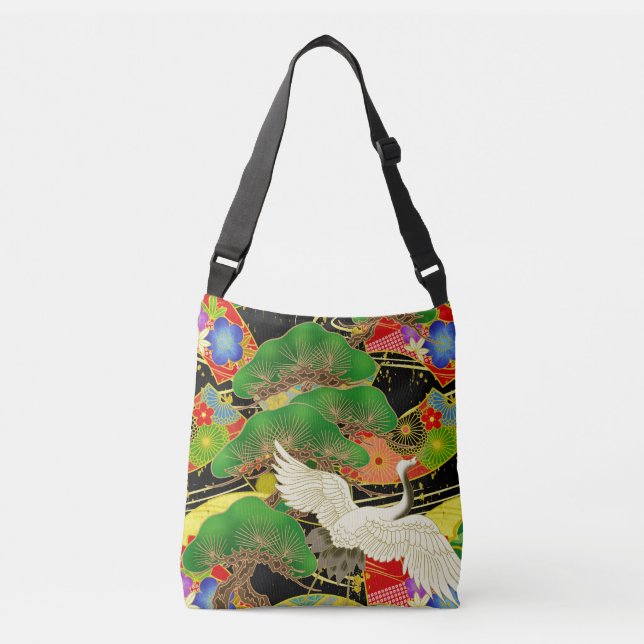 Crane and bonsai Kimono inspired japanese fabric Crossbody Bag (Front)