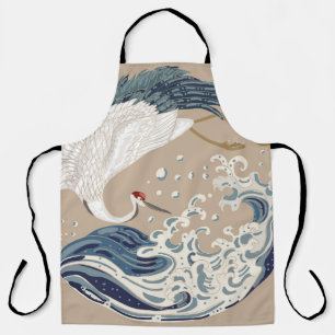 Crane and Japanese wave illustration. Traditional Apron