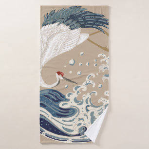 Crane and Japanese wave illustration. Traditional  Bath Towel