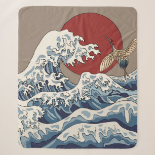 Crane and Japanese wave illustration Traditional C Sherpa Blanket