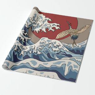Crane and Japanese wave illustration Traditional C Wrapping Paper