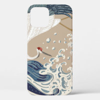 Crane and Japanese wave illustration. Traditional