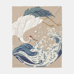 Crane and Japanese wave illustration. Traditional  Fleece Blanket