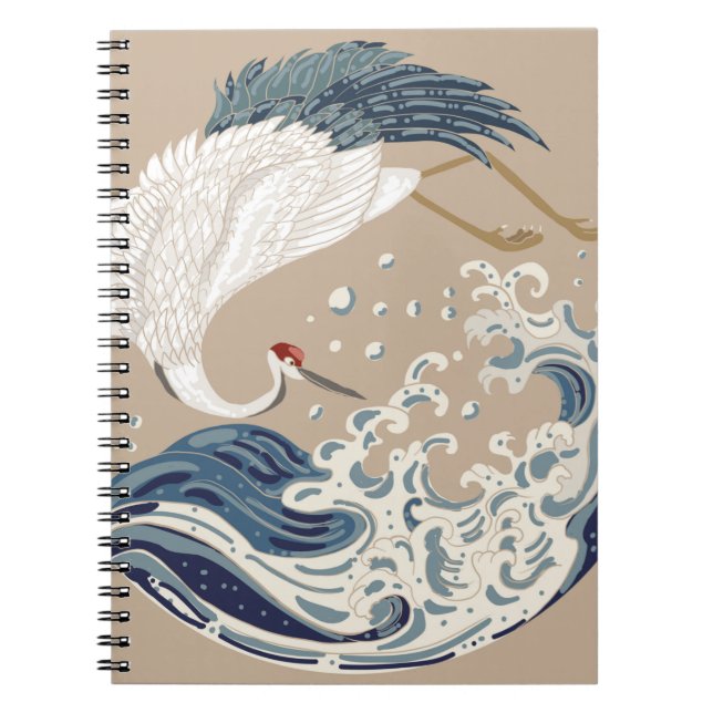 Crane and Japanese wave illustration. Traditional  Notebook (Front)