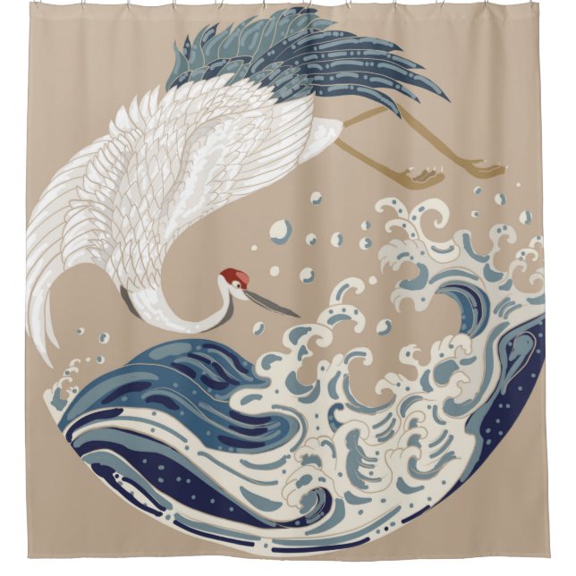 Crane and Japanese wave illustration. Traditional  Shower Curtain (Front)