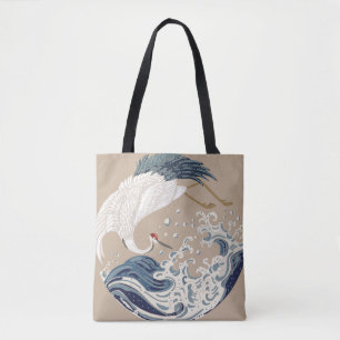 Crane and Japanese wave illustration. Traditional Tote Bag