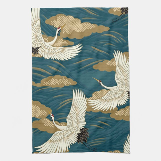 Crane and Wave, Japanese Design Tea Towel (Vertical)