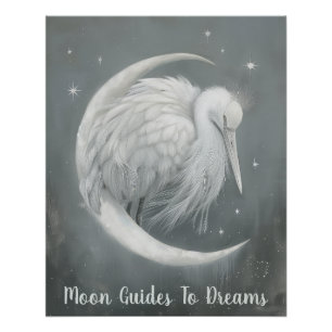 Crane bird baby sleeping on Moon Poster