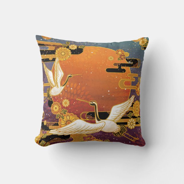 Crane Bird Chrysanthemum Japanese Pattern Cushion (Front)