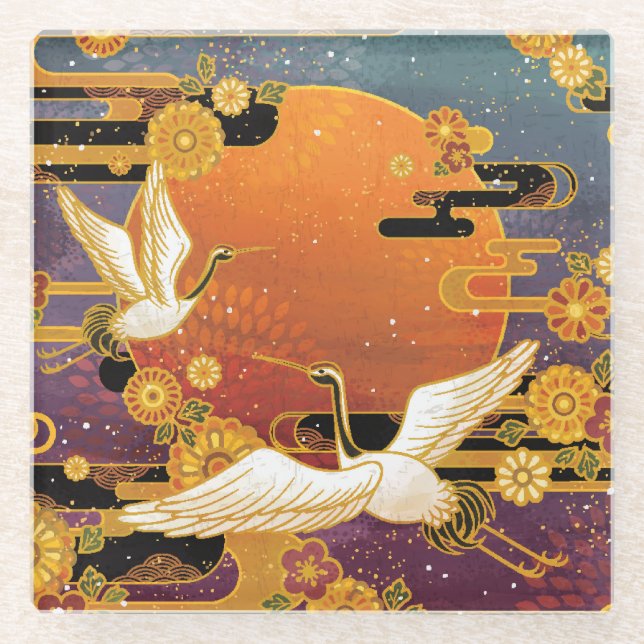 Crane Bird Chrysanthemum Japanese Pattern Glass Coaster (Front)