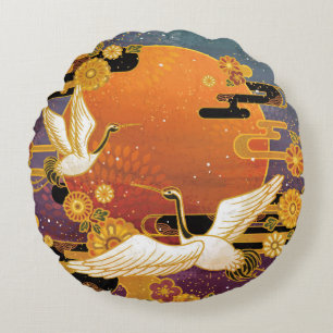 Crane Bird Chrysanthemum Japanese Pattern Round Cushion