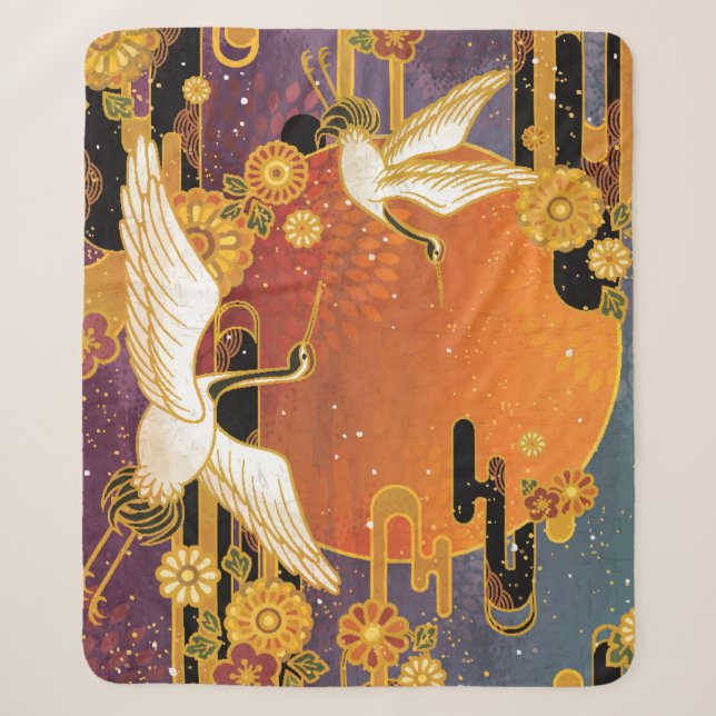 Crane Bird Chrysanthemum Japanese Pattern Sherpa Blanket (Front)