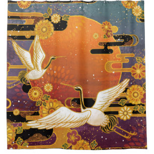 Crane Bird Chrysanthemum Japanese Pattern Shower Curtain