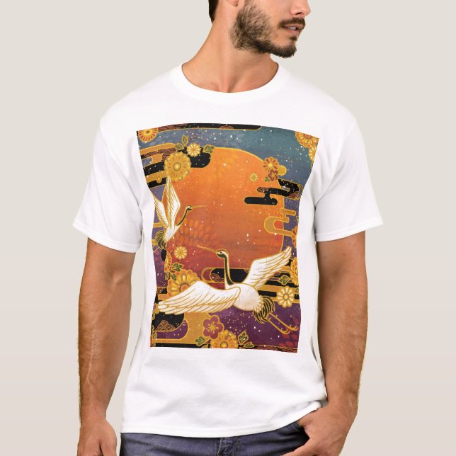 Crane Bird Chrysanthemum Japanese Pattern T-Shirt (Front)