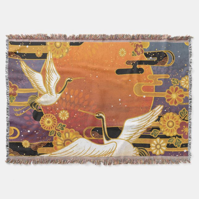 Crane Bird Chrysanthemum Japanese Pattern Throw Blanket (Front)