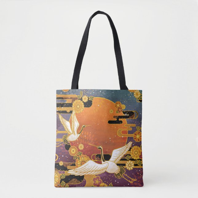 Crane Bird Chrysanthemum Japanese Pattern Tote Bag (Front)
