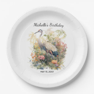 Crane Bird Leaves Foliage Floral Birthday Paper Plate
