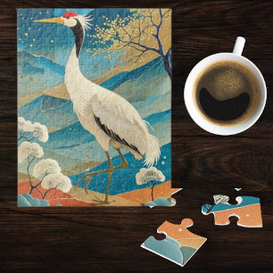 Crane Bird with Mountains and Fall Trees Japanese Jigsaw Puzzle