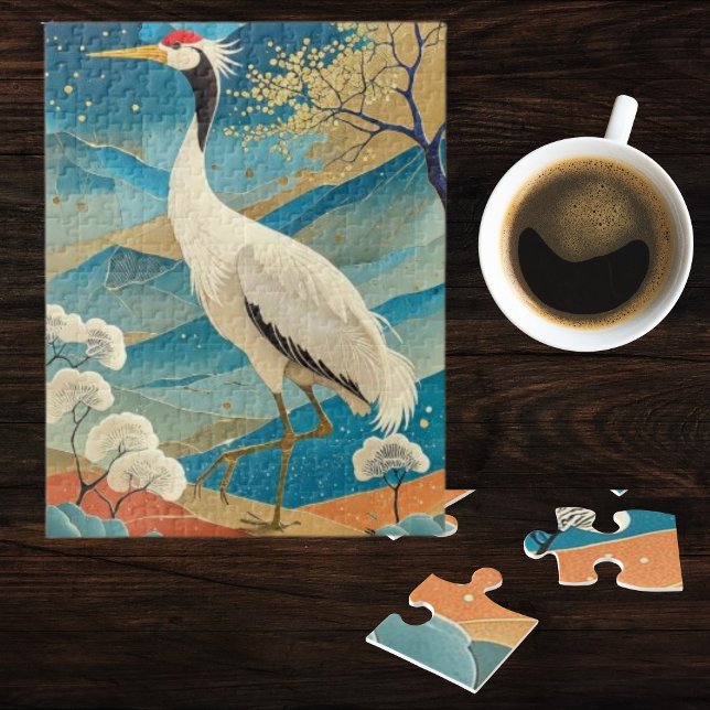 Crane Bird with Mountains and Fall Trees Japanese Jigsaw Puzzle (Creator Uploaded)