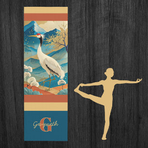 Crane Bird with Mountains and Fall Trees Japanese Yoga Mat
