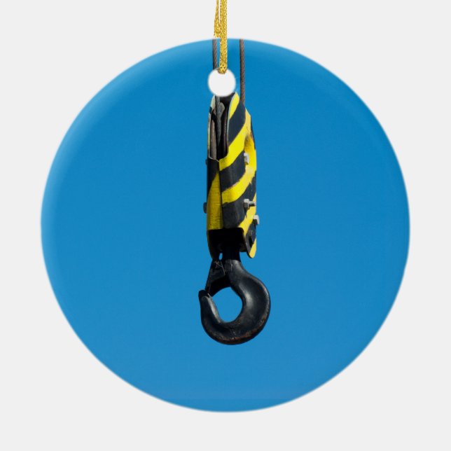 Crane hook with yellow and black stripes hanging ceramic tree decoration (Back)
