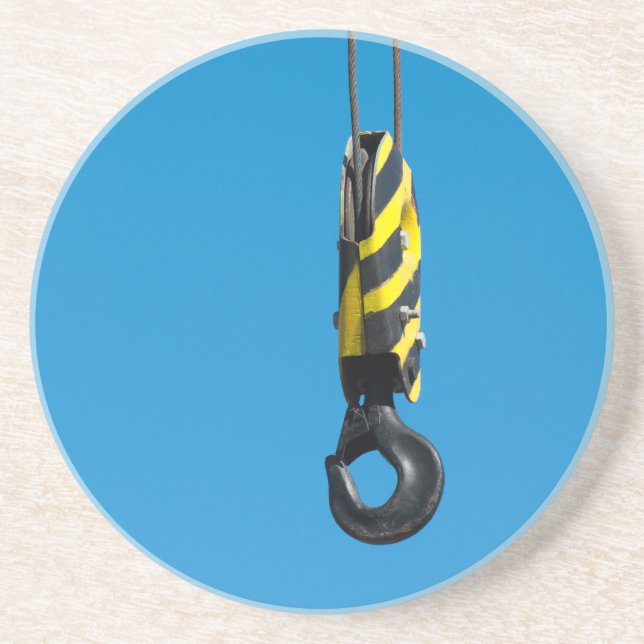 Crane hook with yellow and black stripes hanging coaster (Front)