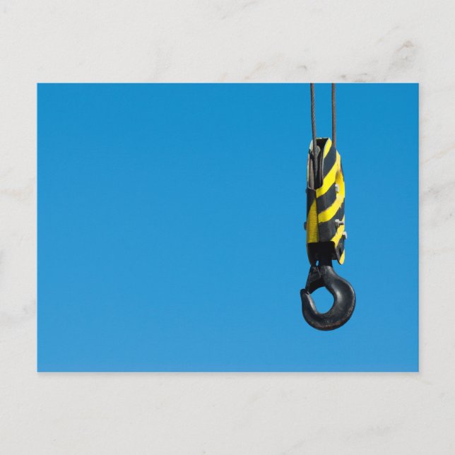 Crane hook with yellow and black stripes hanging postcard (Front)