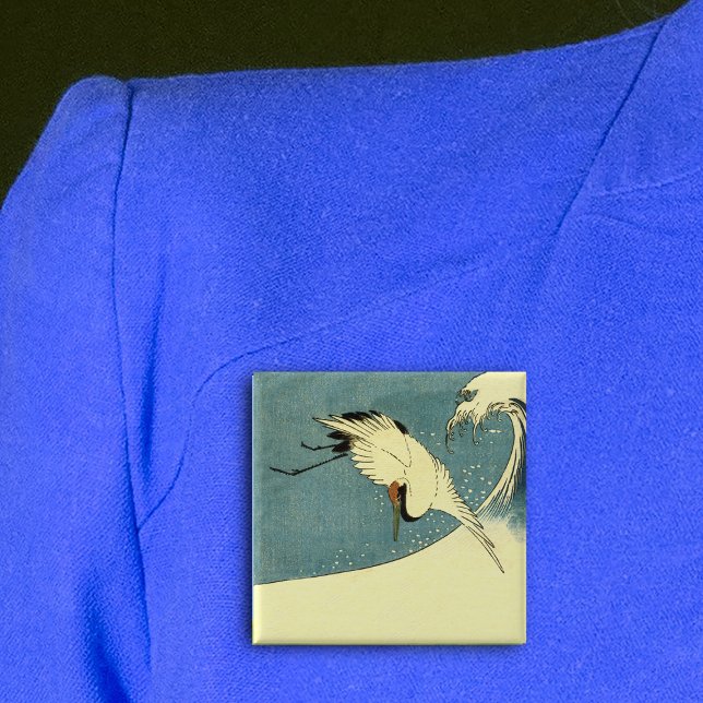 Crane In Ocean Wave 15 Cm Square Badge (Black white crane bird flying over tall ocean wave on blue square pin back button.)