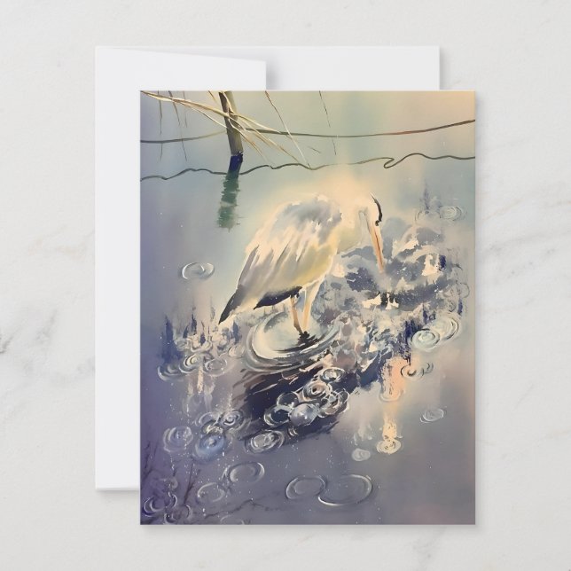 Crane In Rain Watercolor Holiday Card (Front)
