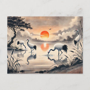 Crane in the Marsh at Sunset Chinese Ink Painting Postcard