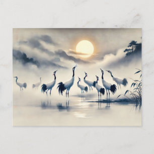 Crane in the Marsh at Sunset Chinese Ink Painting Postcard