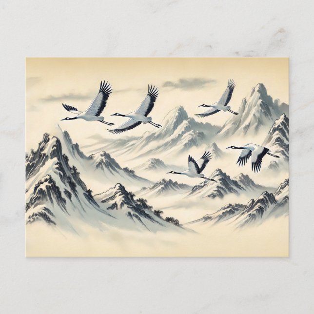 Crane Migration Over Mountains Chinese Ink Paintin Postcard (Front)